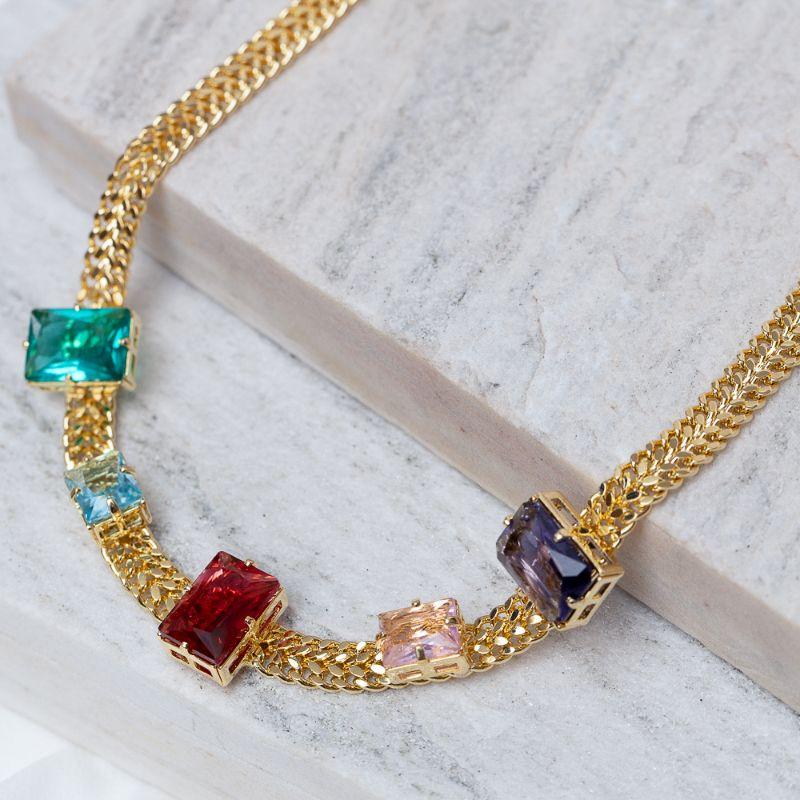 COLAR CORRENTE LACRAIA COM PEDRAS COLORIDAS BANHO OURO 18K