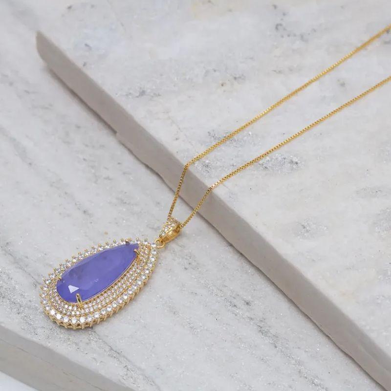 COLAR GOTA  COM ZIRCÔNIAS E PEDRA ROXA G BANHO OURO 18K