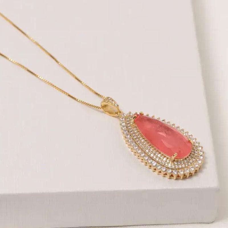 COLAR GOTA COM ZIRCÔNIAS E PEDRA SALMÃO G BANHO  OURO 18K