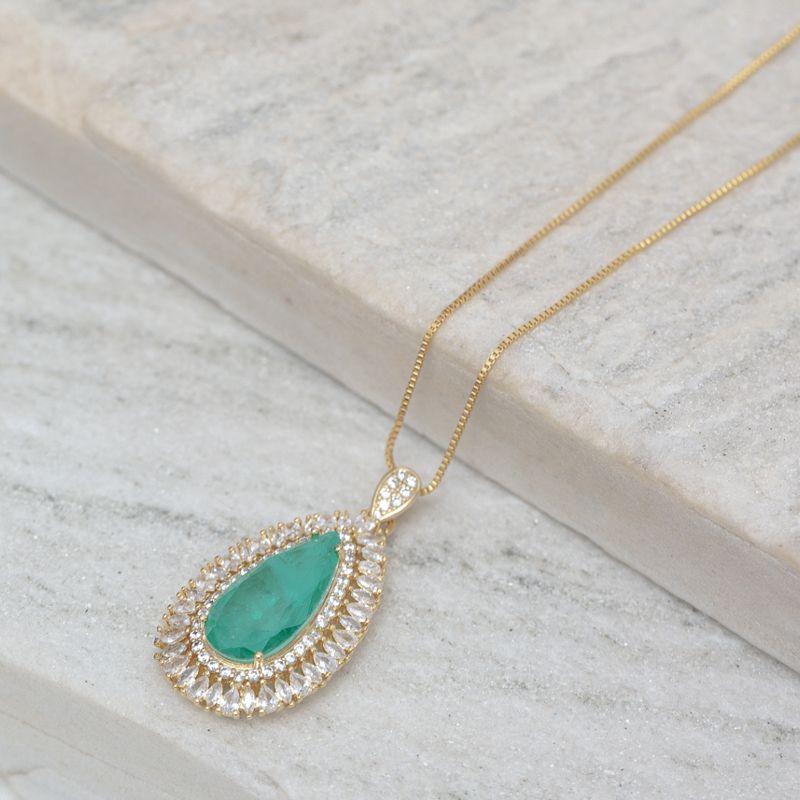 COLAR GOTA COM ZIRCÔNIAS E PEDRA VERDE TIFFANY G BANHO OURO 18K