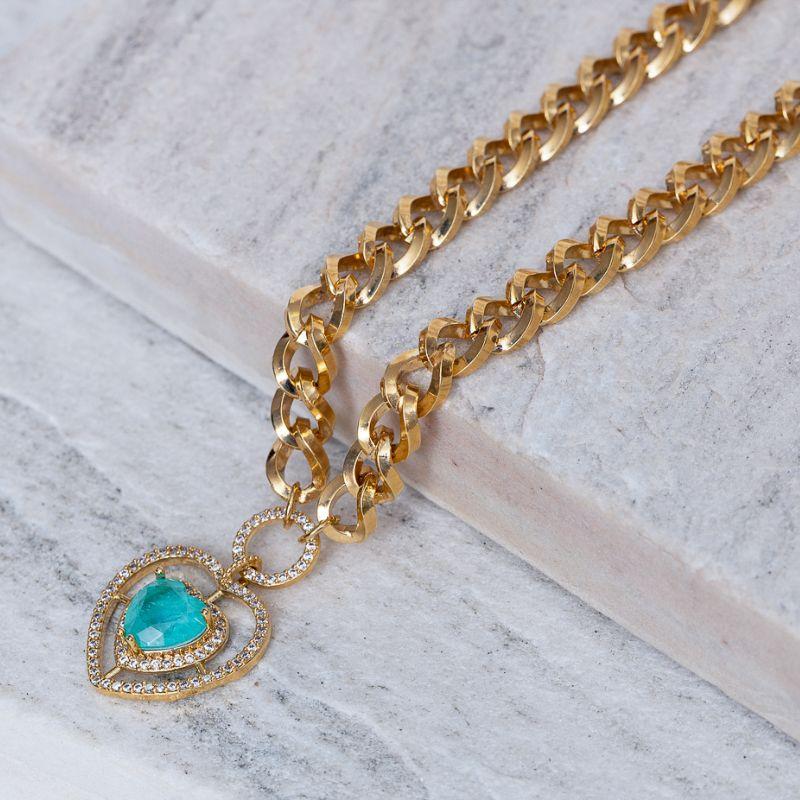 COLAR GRUMET CORAÇÃO COM PEDRA VERDE TIFANNY BANHO OURO 18K