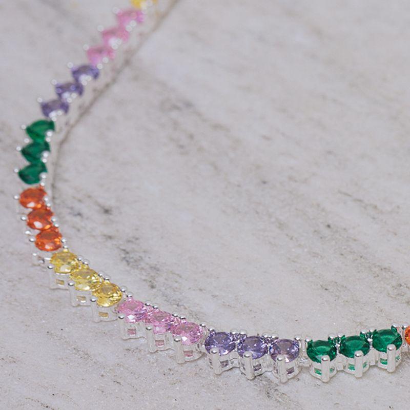 COLAR RIVIERA CRAVEJADO COM PEDRAS REDONDAS COLORIDAS BANHO PRATA