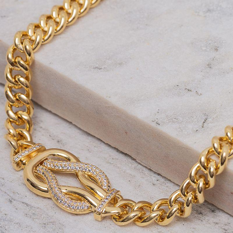 COLAR NÓ LUXO GROSSO CRAVEJADO COM ZIRCÔNIAS CRISTAIS BANHO OURO 18K