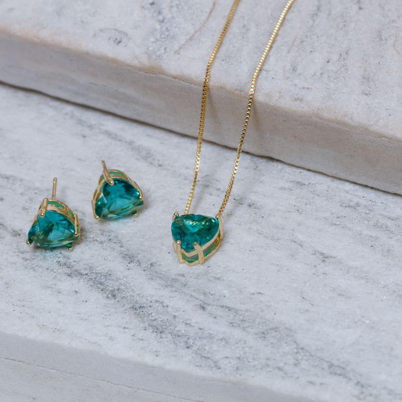 CONJUNTO CORAÇÃO PONTO DE LUZ VERDE TURQUESA BANHO OURO 18K