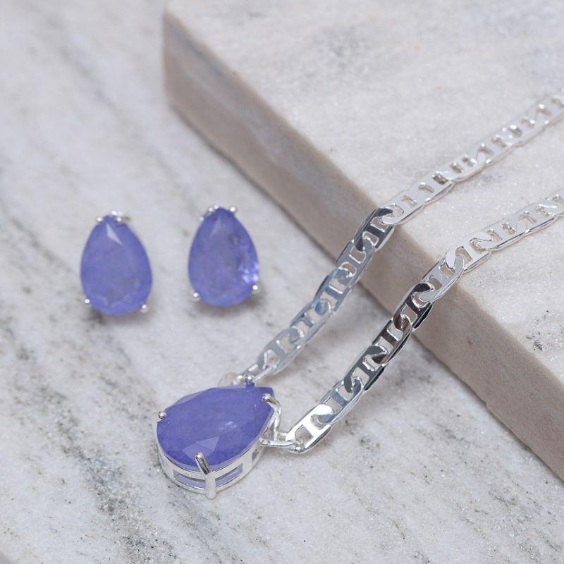 CONJUNTO GOTA CRISTAL LILÁS CORRENTE PIASTRINE BANHO PRATA