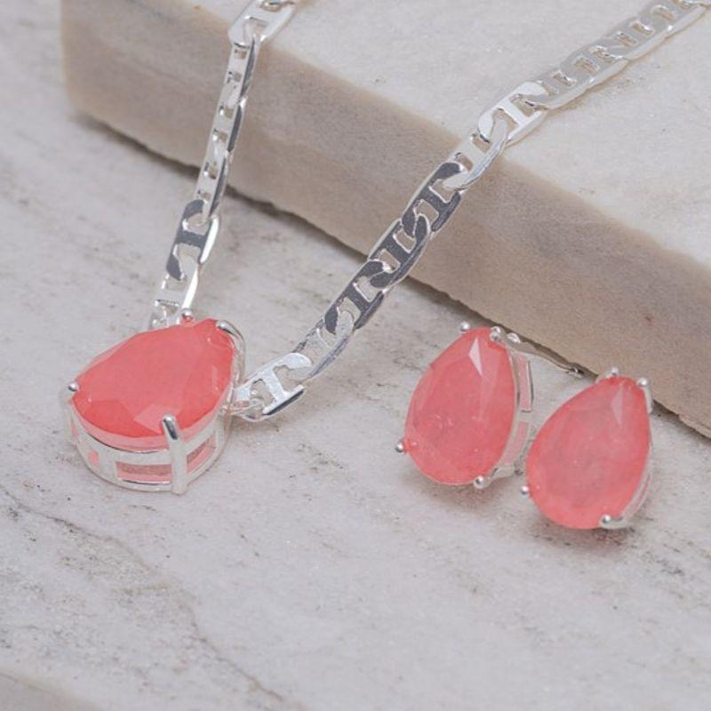 CONJUNTO GOTA CRISTAL SALMÃO CORRENTE PIASTRINE BANHO PRATA