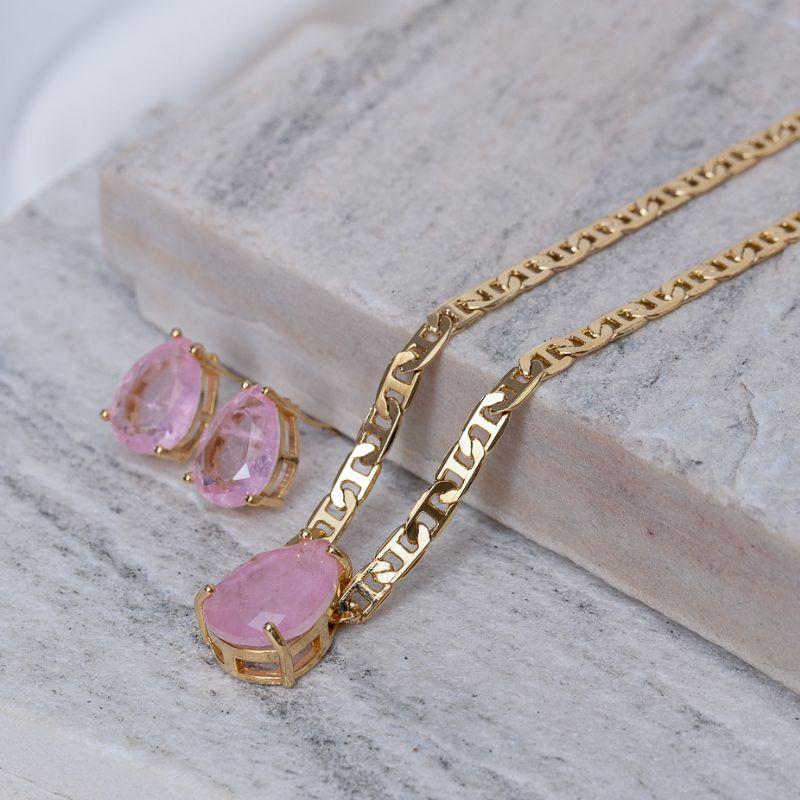 CONJUNTO GOTA PEDRA ROSA CLARO CORRENTE PIASTRINE BANHO OURO 18K