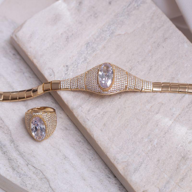 CONJUNTO PULSEIRA E ANEL CRAVEJADOS E COM PEDRA CRISTAL BANHO OURO 18K