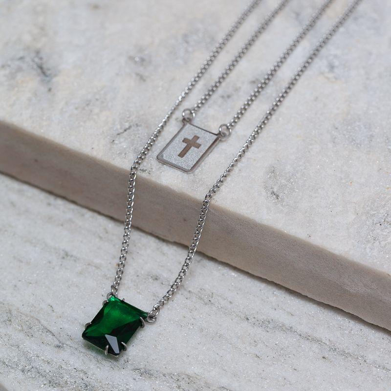 CORRENTE ESCAPULÁRIO CRUZ COM PEDRA VERDE ESMERALDA AÇO INOX