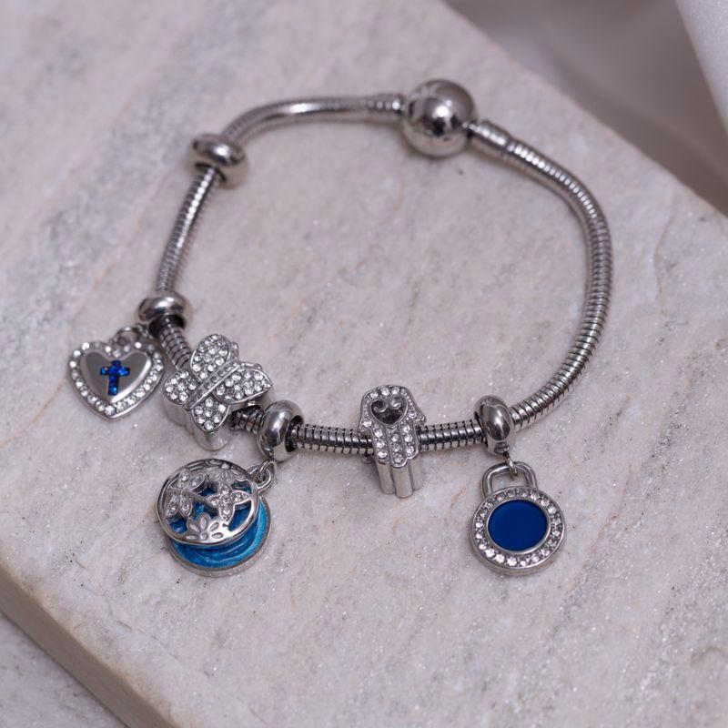 PULSEIRA 5 BERLOQUES COM BORBOLETA E MADREPÉROLA AZUL ESCURO 18CM AÇO INOX