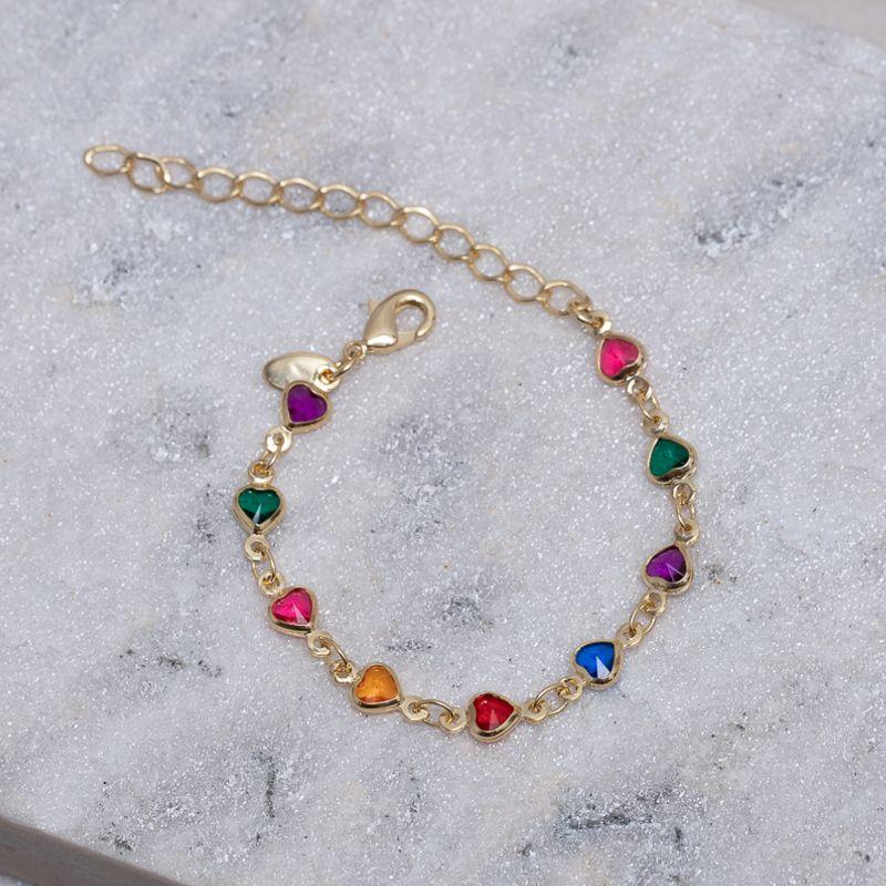 PULSEIRA INFANTIL CORAÇÕES COLORIDOS BANHO OURO 18K