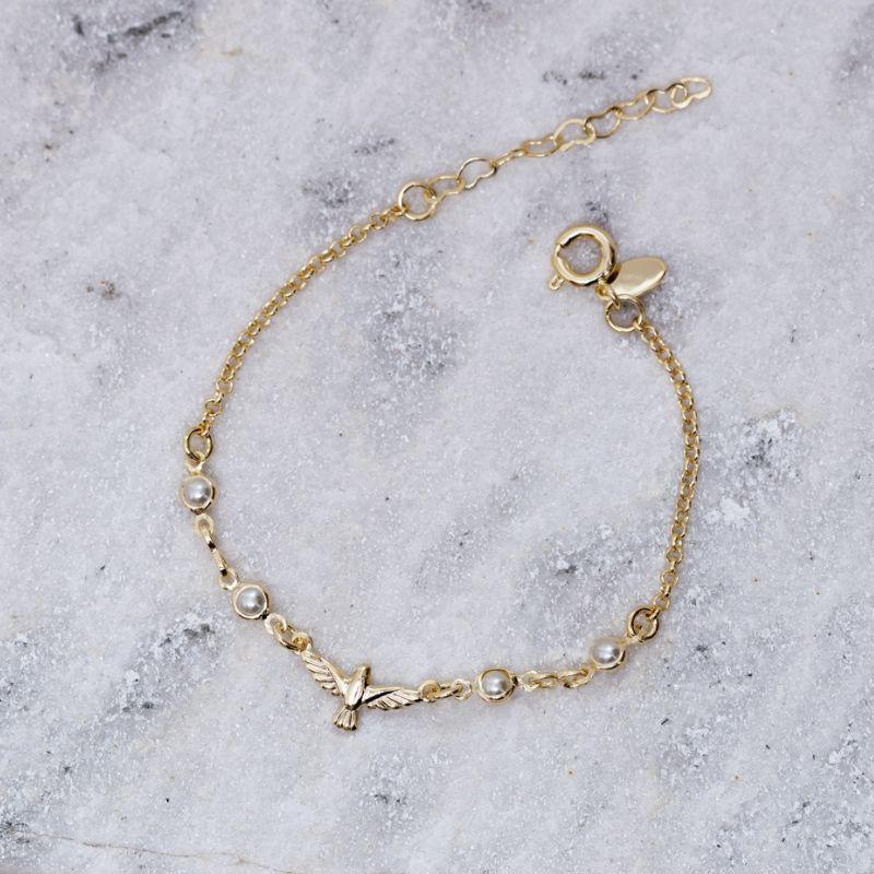 PULSEIRA INFANTIL ESPÍRITO SANTO COM PÉROLAS BANHO OURO 18K