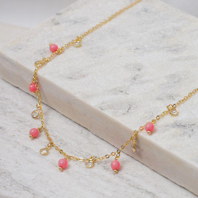CHOKER BOLINHAS ROSA COM CRISTAIS BANHO OURO 18K