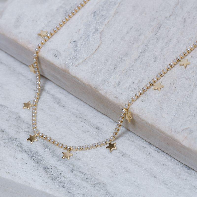 CHOKER PÉROLA RIVIERA COM ESTRELINHAS BANHO OURO 18K