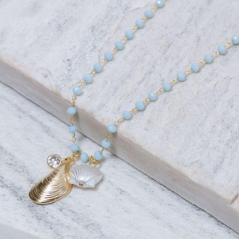 COLAR BOLINHAS TURQUESA COM PINGENTES DO MAR BANHO OURO 18K