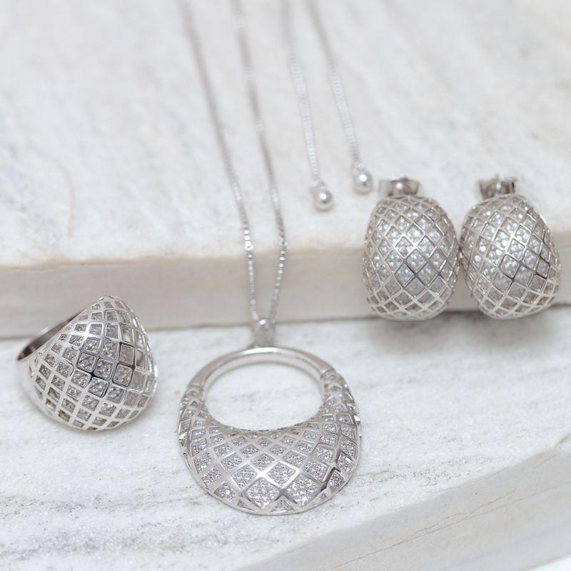 CONJUNTO COLAR, ANEL E BRINCO COM ZIRCÔNIAS BANHO RÓDIO BRANCO