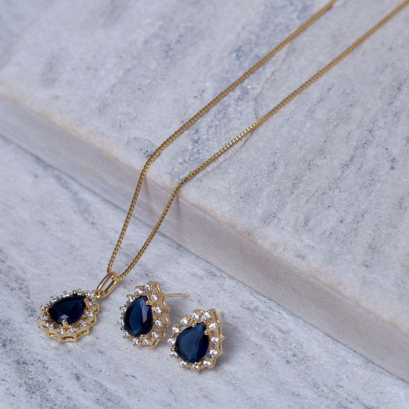 CONJUNTO GOTA AZUL MARINHO COM ZIRCÔNIAS CRISTAIS BANHO OURO 18K