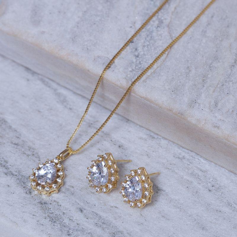 CONJUNTO GOTA CRISTAL COM ZIRCÔNIAS CRISTAIS BANHO OURO 18K