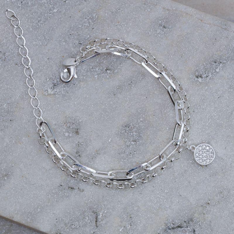 PULSEIRA CORRENTE DUPLA COM CÍRCULO CRAVEJADO BANHO PRATA