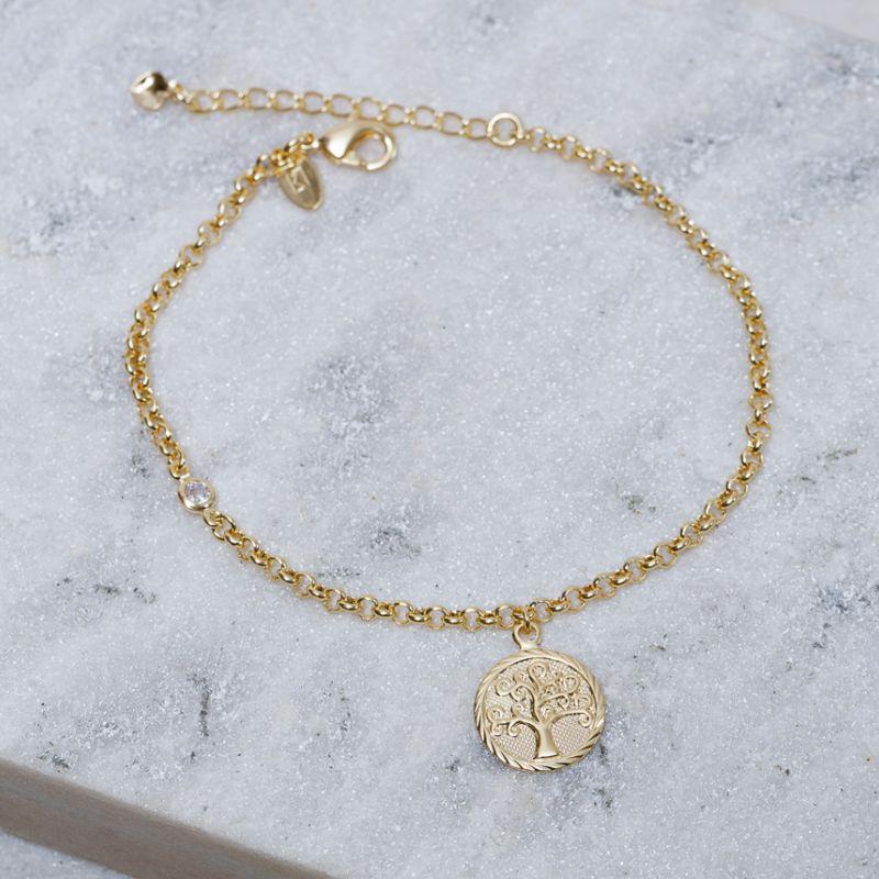 PULSEIRA ELO PORTUGUÊS COM ÁRVORE DA VIDA BANHO OURO 18K