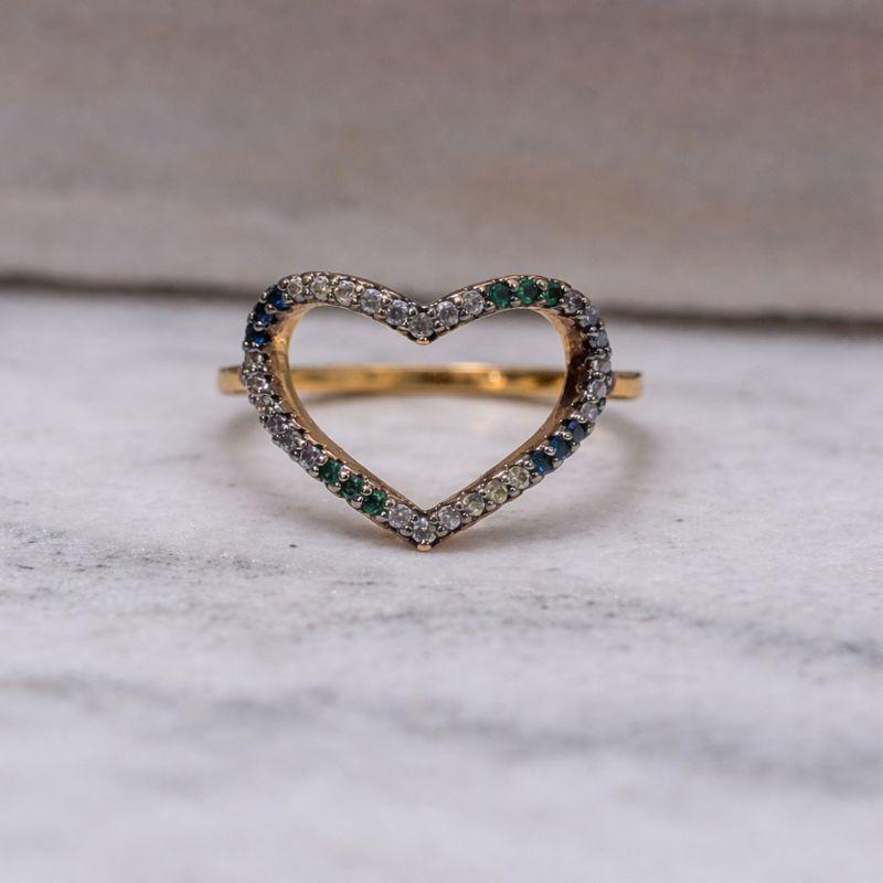 ANEL CORAÇÃO VAZADO ZIRCÔNIA COLORIDO BANHO OURO 18K