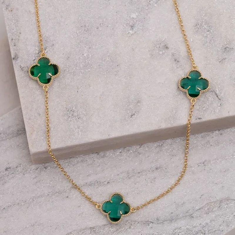 CHOKER TREVO PEDRA VERDE ESMERALDA BANHO OURO 18K