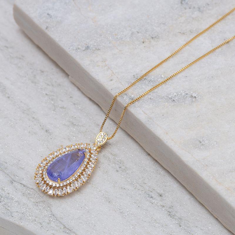 COLAR GOTA COM ZIRCÔNIAS E PEDRA ROXA M BANHO OURO 18K