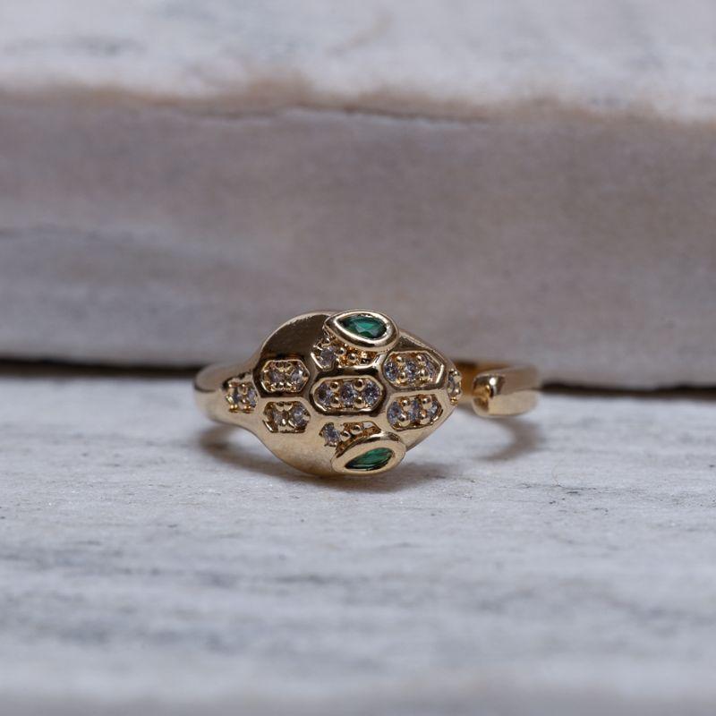 ANEL COBRA CRAVEJADA COM OLHOS VERDES BANHO OURO 18K