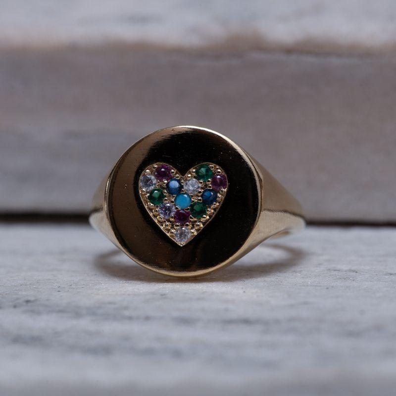ANEL CORAÇÃO COM ZIRCÔNIAS COLORIDAS BANHO OURO 18K