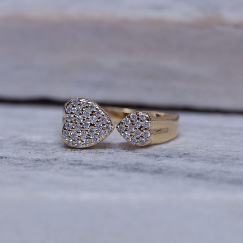 ANEL CORAÇÃO DUPLO CRAVEJADO BANHO OURO 18K