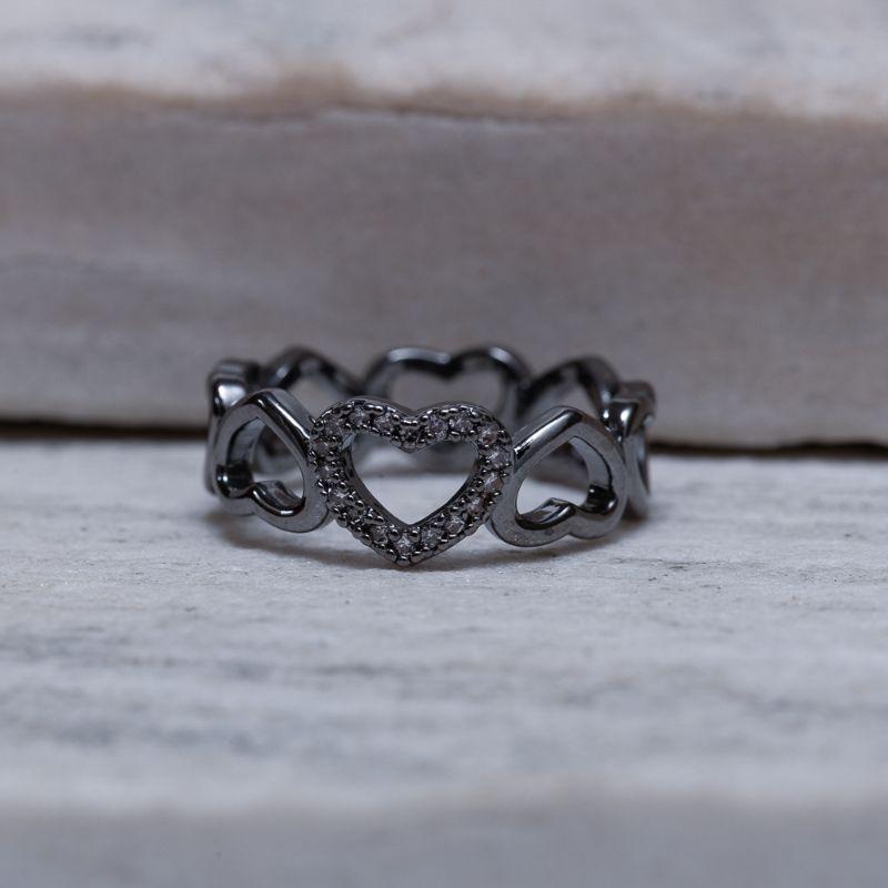 ANEL CORAÇÕES VAZADOS E COM ZIRCÔNIA BANHO RÓDIO NEGRO