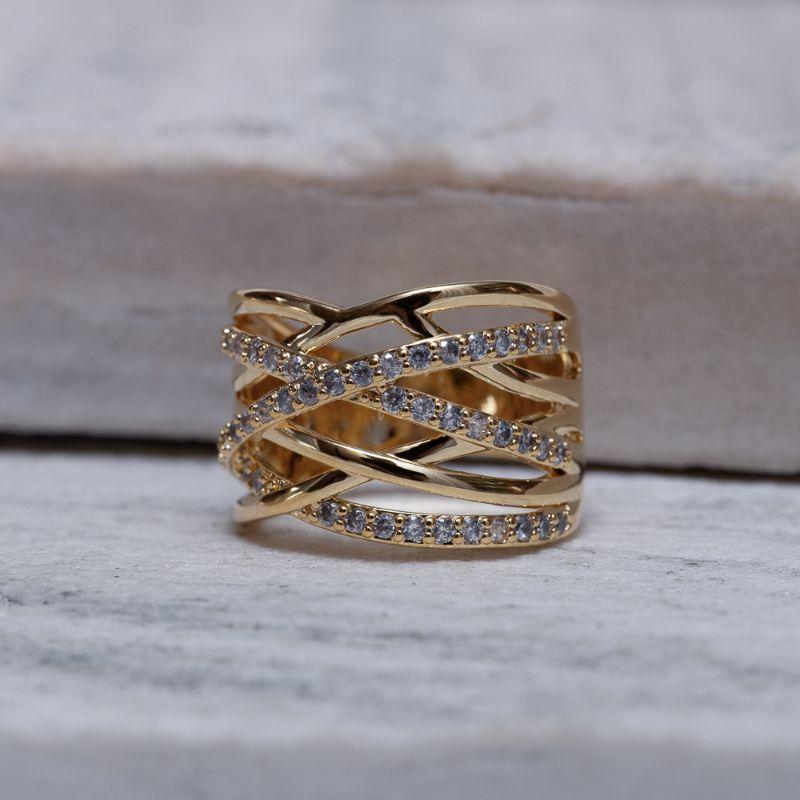 ANEL FILEIRAS COM ZIRCÔNIAS CRISTAIS BANHO OURO 18K