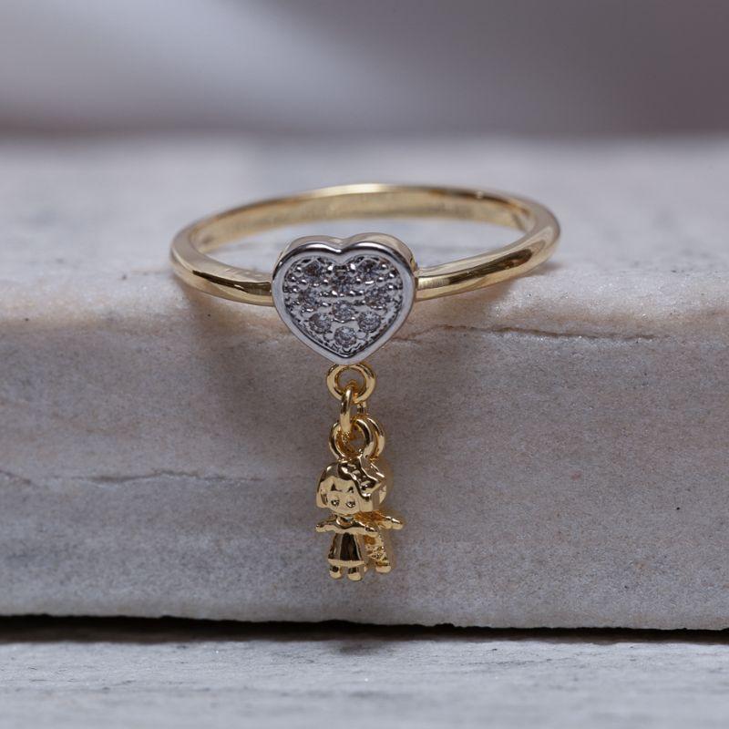 ANEL FILHOS CASAL CORAÇÃO CRAVEJADO BANHO OURO 18K