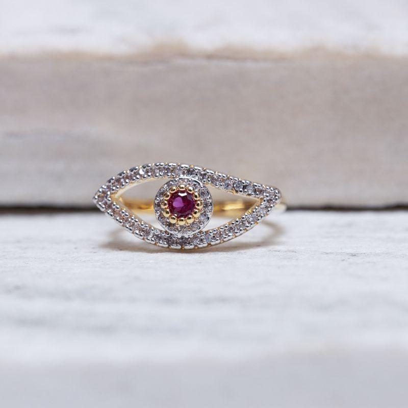 ANEL OLHO GREGO COM PEDRA PINK BANHO OURO 18K