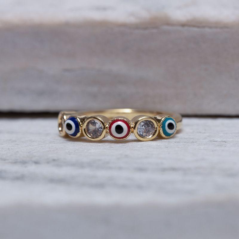 ANEL OLHO GREGO VERMELHO E AZUL BANHO OURO 18K
