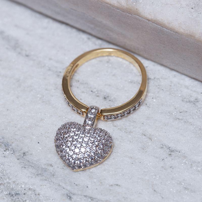 ANEL PINGENTE DE CORAÇÃO COM RÓDIO BRANCO BANHO OURO 18K
