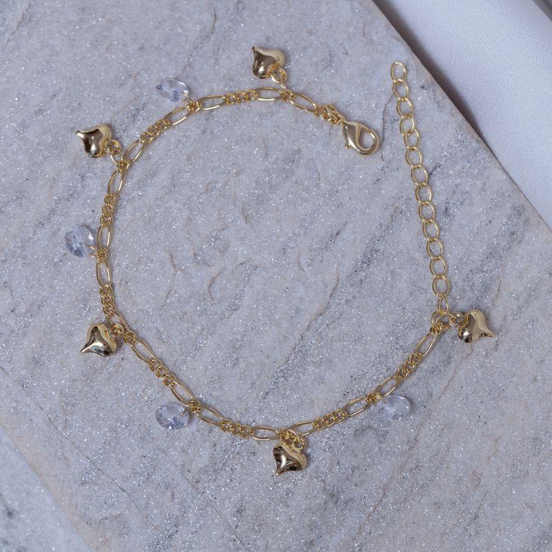 PULSEIRA COM PINGENTES CORAÇÕES E CRISTAIS BANHO OURO 18K