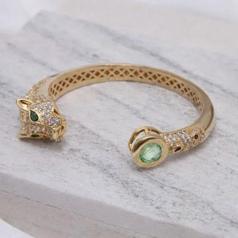 BRACELETE TIGRE COM ZIRCÔNIAS E PEDRA VERDE TIFANNY BANHO OURO 18K