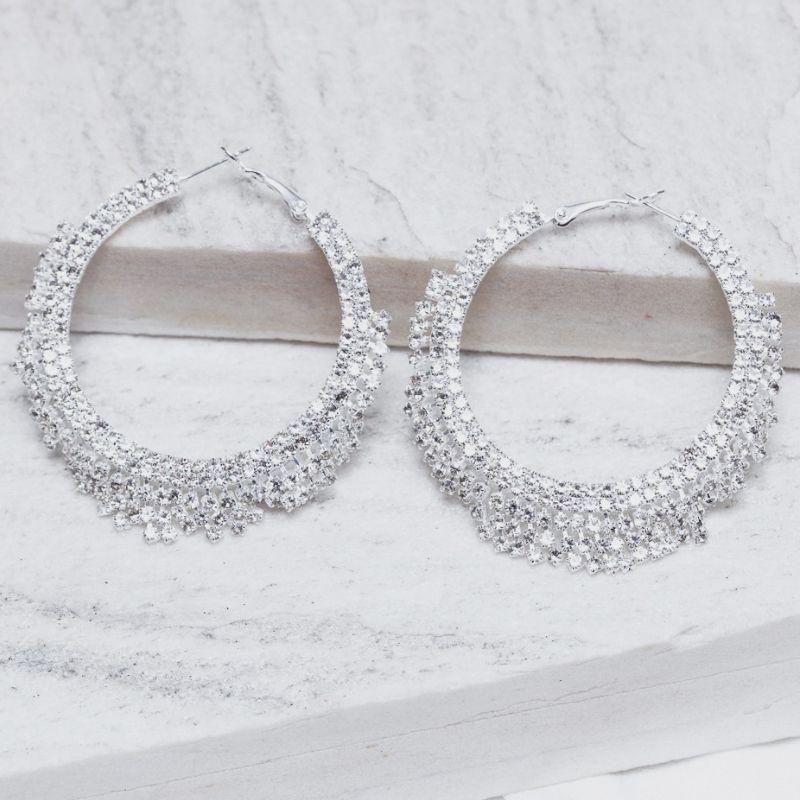 BRINCO ARGOLA FESTA FRANJA COM ZIRCÔNIAS CRISTAIS BANHO PRATA