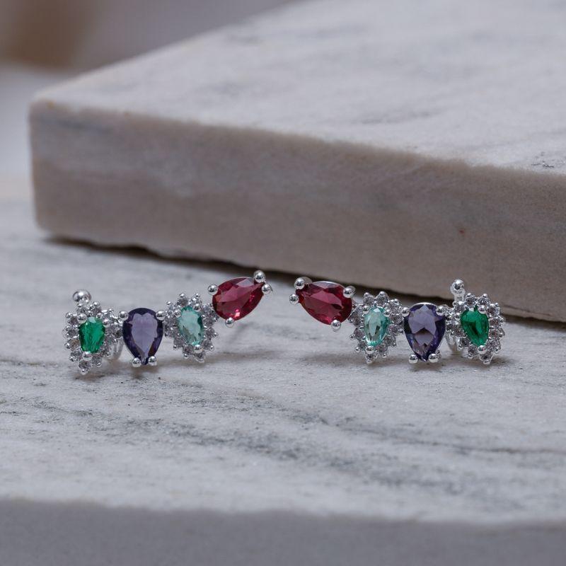 BRINCO EAR CUFF COM PEDRAS COLORIDAS BANHO PRATA