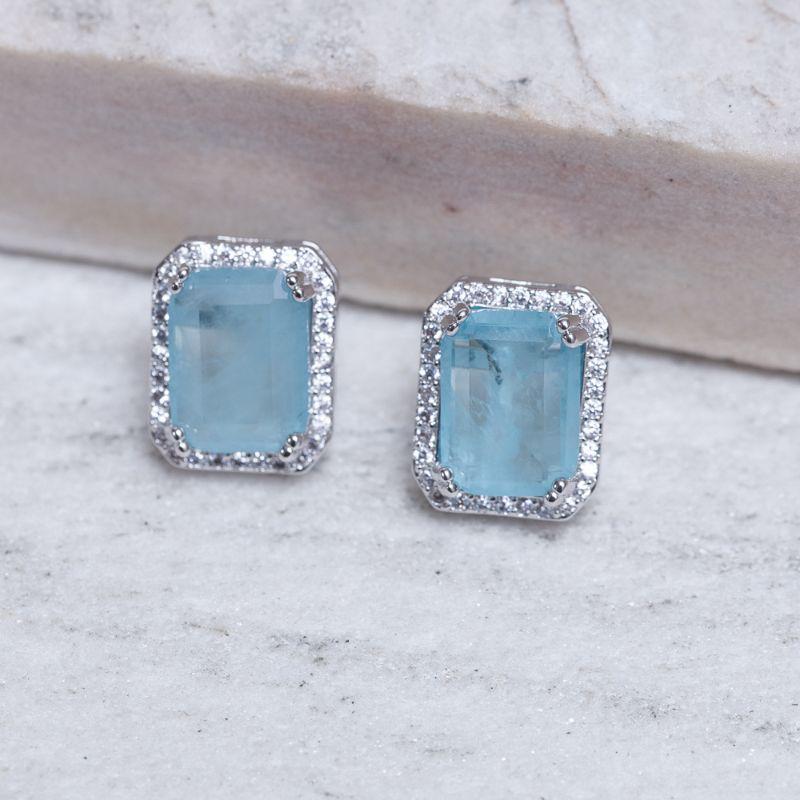 BRINCO RETÂNGULO COM PEDRA VERDE TIFFANY BANHO RÓDIO BRANCO