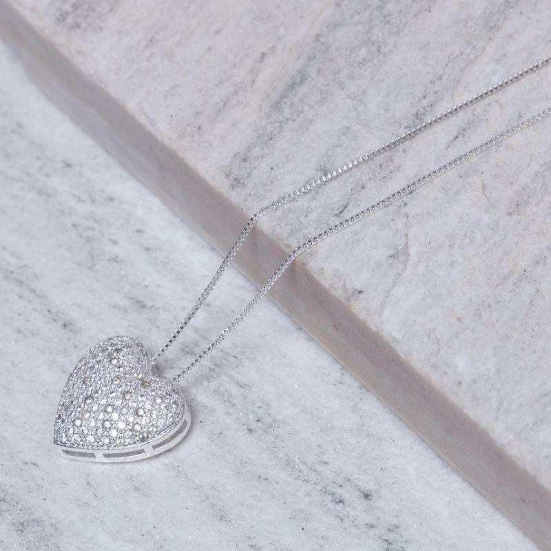 COLAR CORAÇÃO PUFFER CRAVEJADO BANHO PRATA