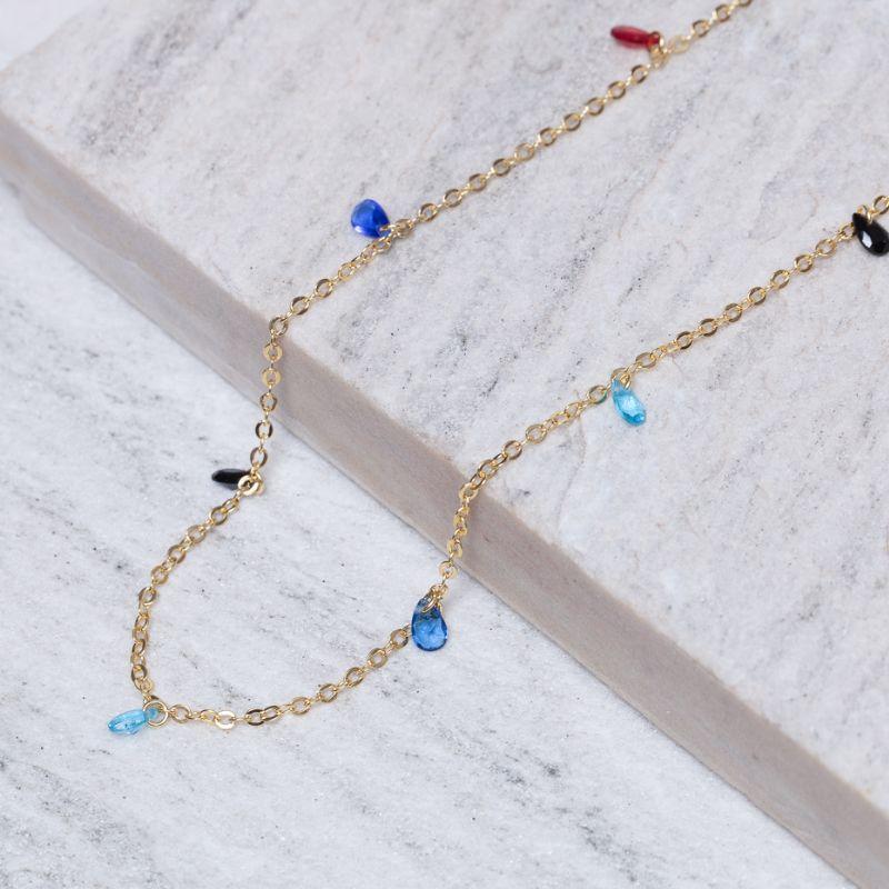 COLAR LONGO COM GOTINHAS COLORIDAS BANHO OURO 18K