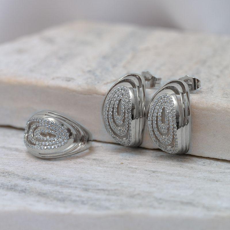 CONJUNTO ANEL E BRINCO CRAVEJADO COM ZIRCÔNIAS BANHO RÓDIO BRANCO