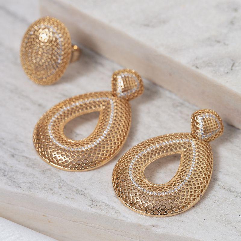 CONJUNTO BRINCO E ANEL IZABEL BANHO OURO 18K