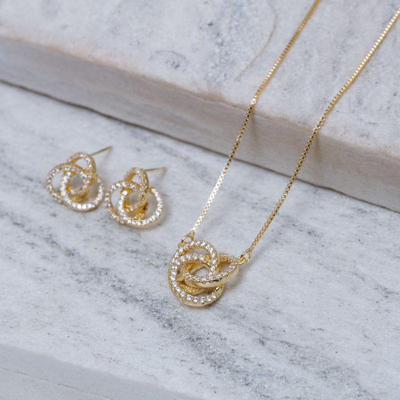 CONJUNTO CÍRCULO TRIPLO CRAVEJADO BANHO OURO 18K