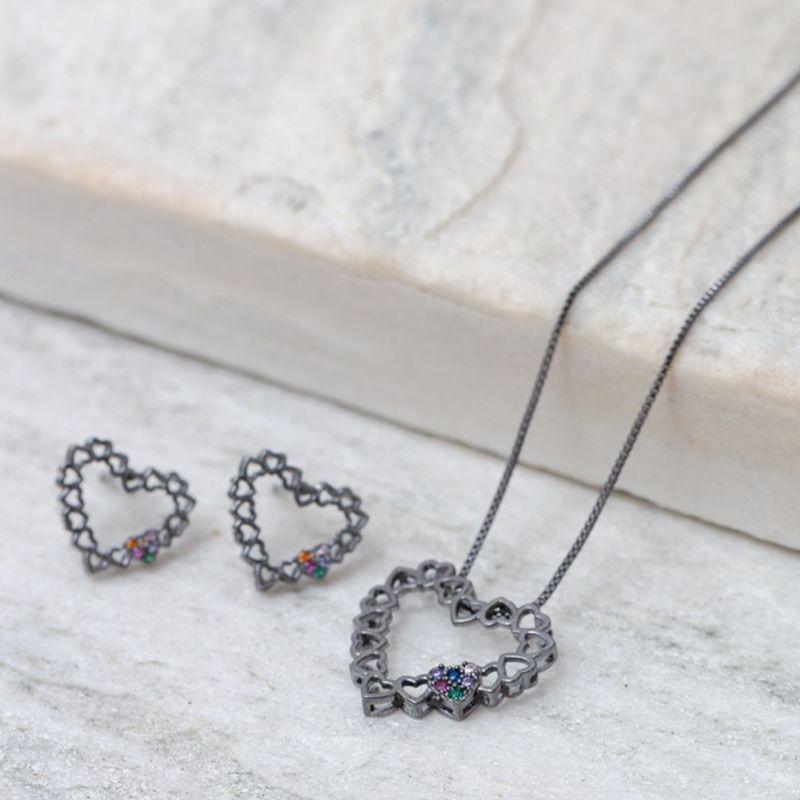 CONJUNTO CORAÇÃO DETALHE EM ZIRCÔNIA CRISTAL BANHO RÓDIO NEGRO