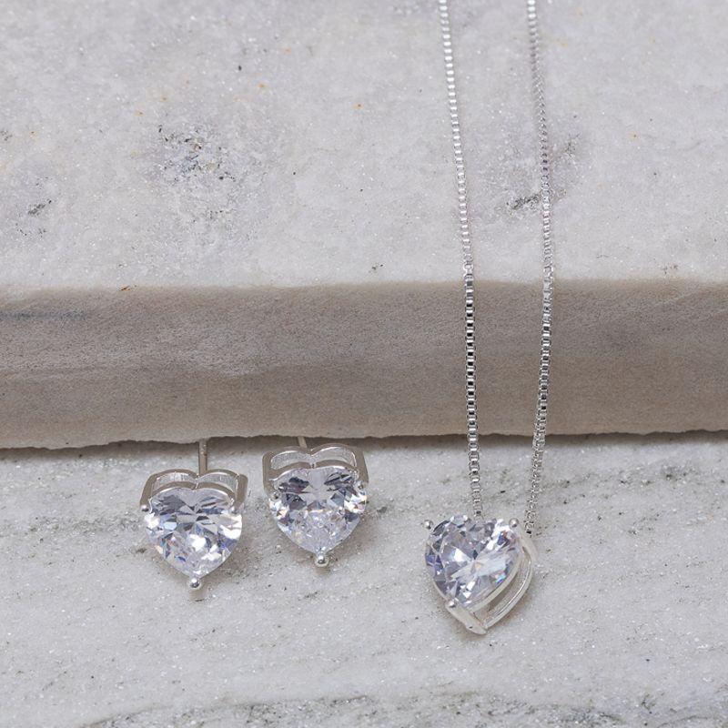 CONJUNTO CORAÇÃO PONTO DE LUZ CRISTAL BANHO PRATA