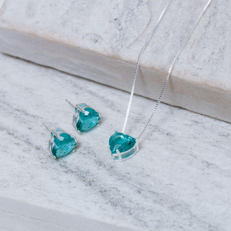 CONJUNTO CORAÇÃO PONTO DE LUZ VERDE TURQUESA BANHO PRATA