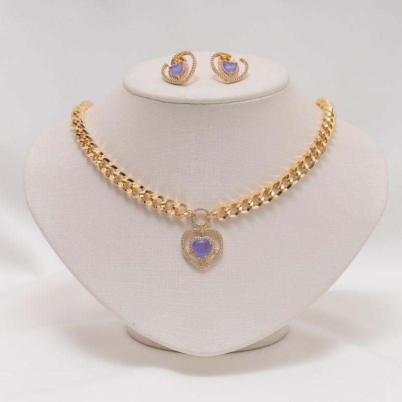 CONJUNTO CORAÇÃO ZIRCÔNIA ROXA BANHO OURO 18K